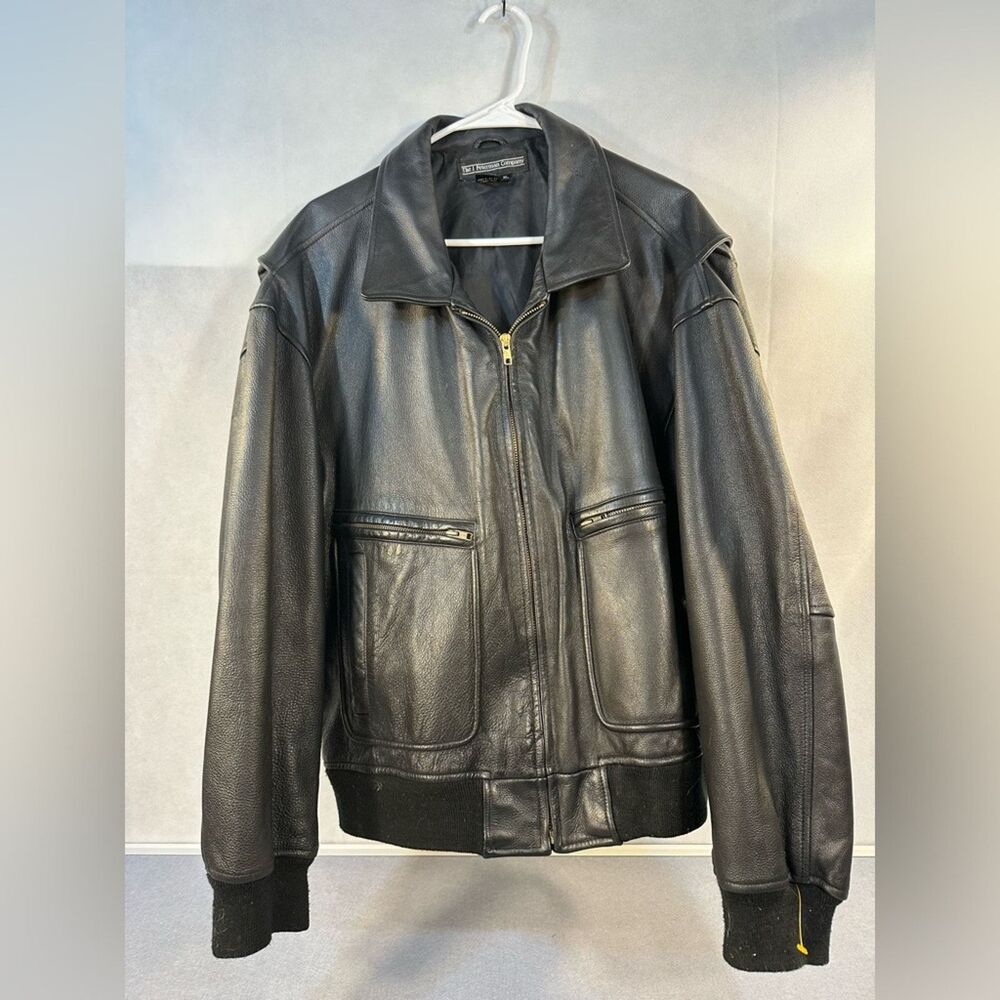 J Peterman Men’s Leather Bomber Jacket Black Zip Front Size XL